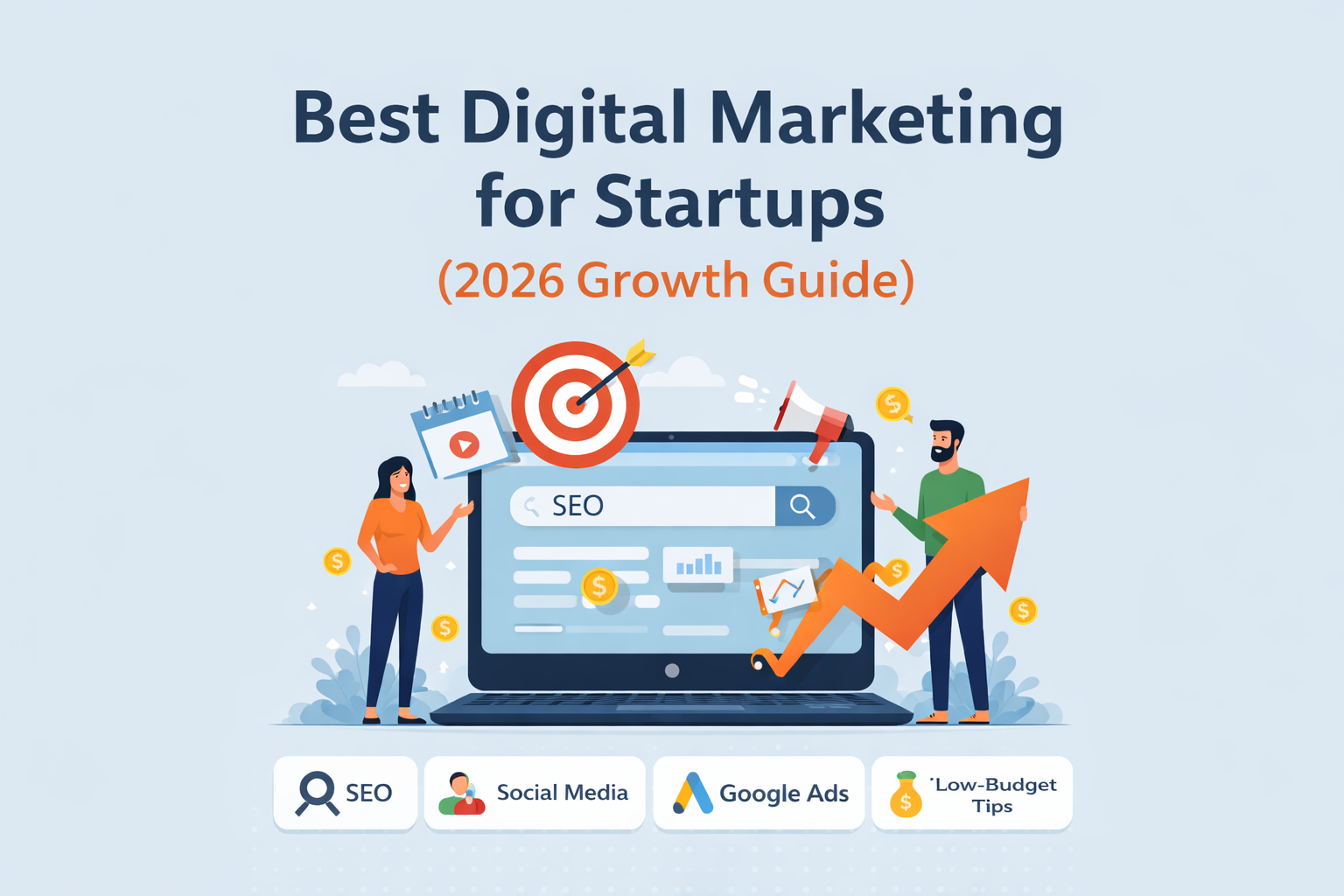 Best digital marketing for startups illustration showing SEO, social media, Google Ads and growth strategies with people working around a laptop.